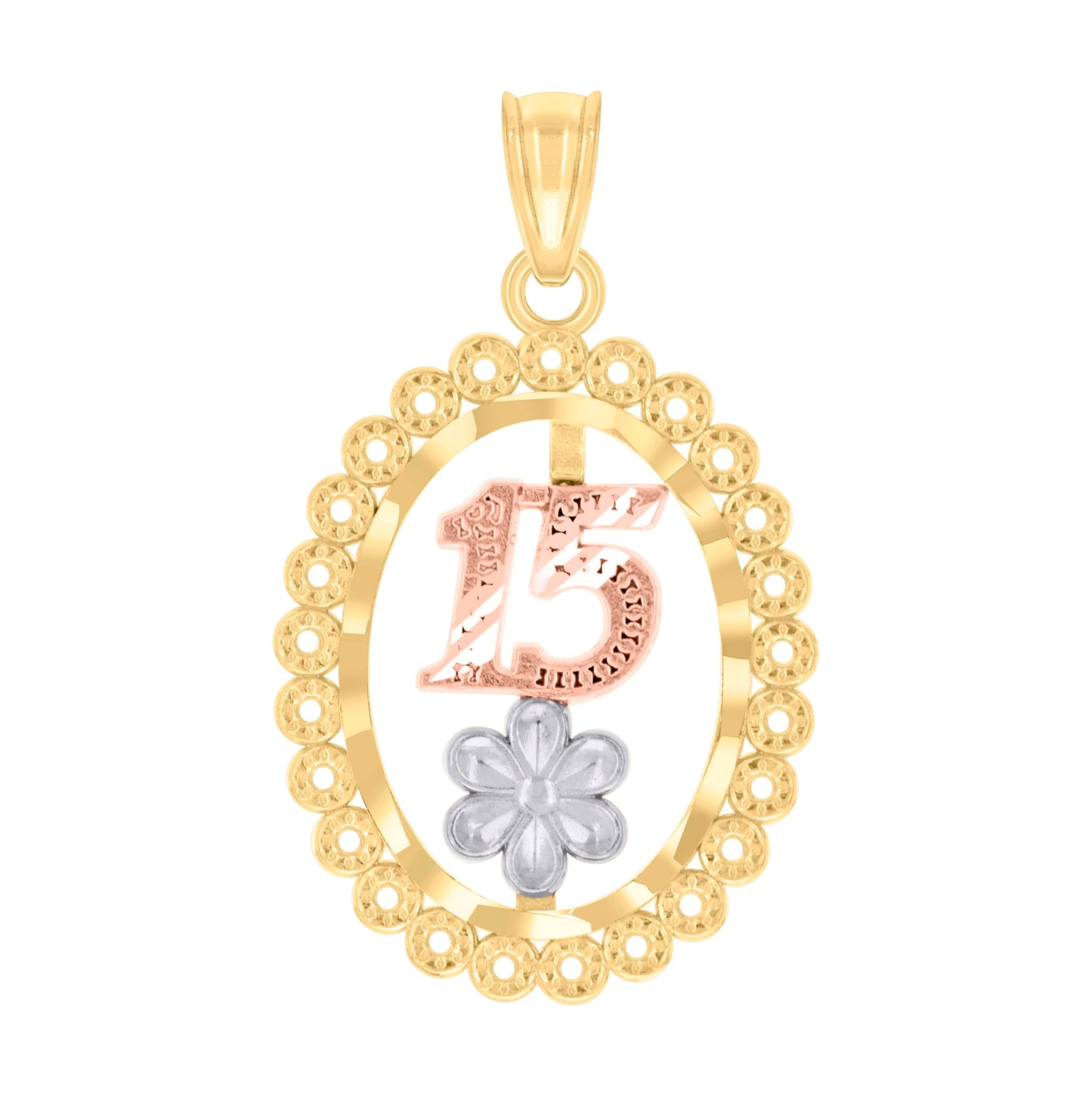 10K Gold Tri-Color Womens 15 Anos Quinceanera Charm Pendant