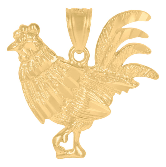 10K Yellow Gold Diamond-Cut Textured Unisex Rooster Animal Charm Pendant