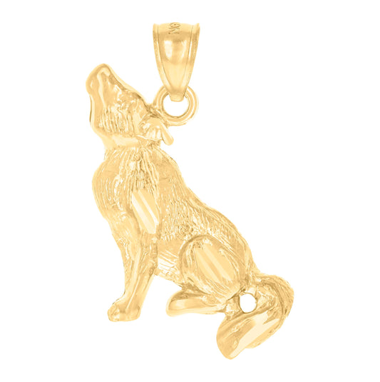 10K Yellow Gold Diamond-Cut Unisex Wolf Animal Charm Pendant
