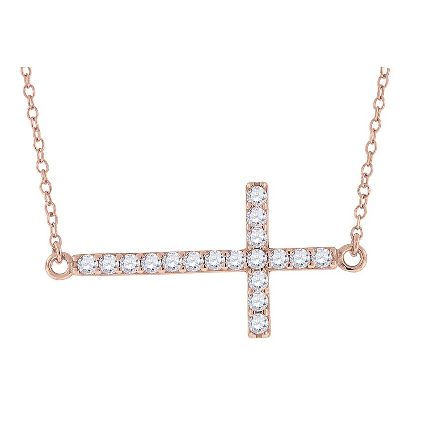 Sterling Silver Rose-Tone Women Cubic Zirconia Rolo Link Cross Sideway Chain Necklace