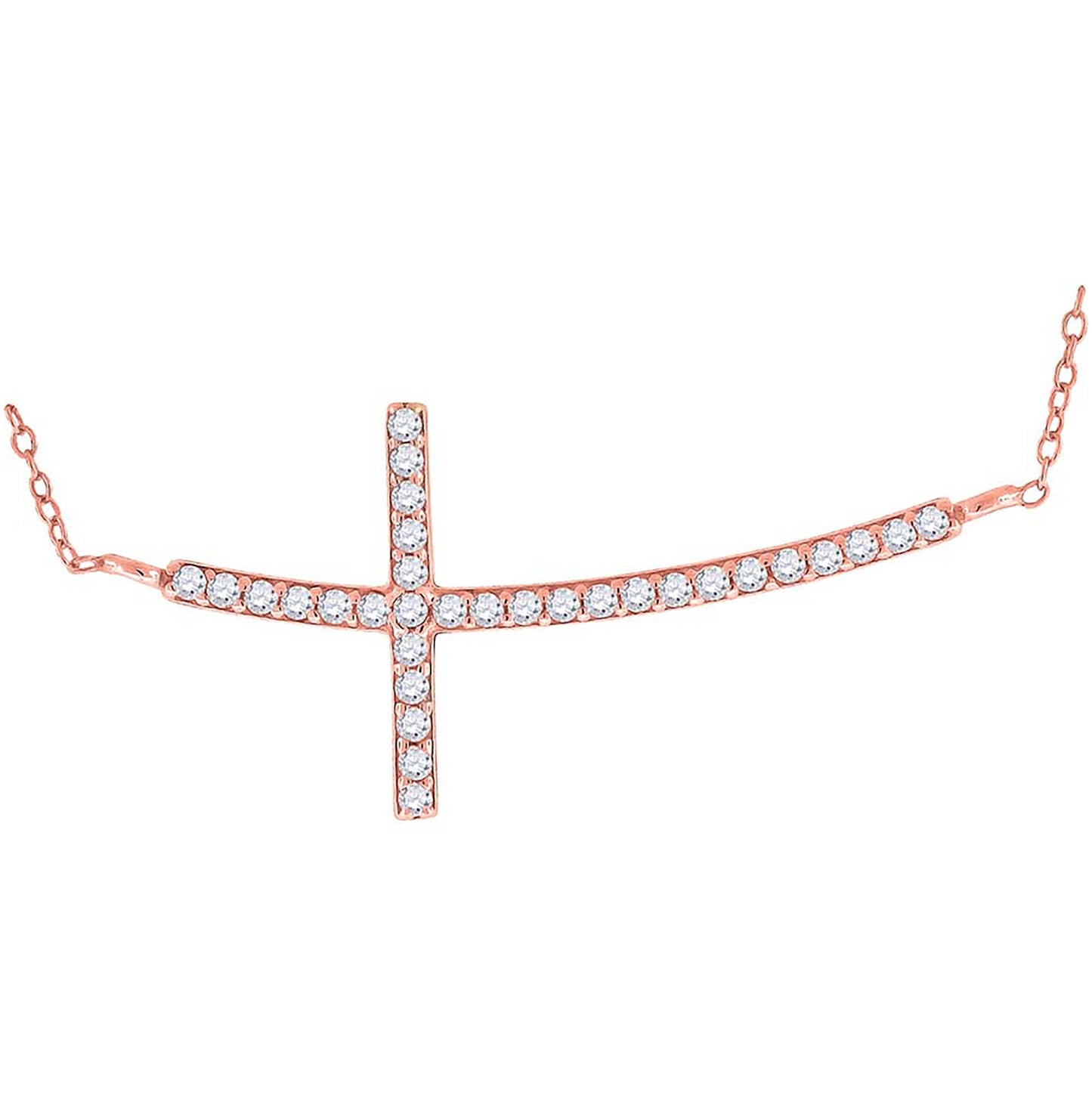 Sterling Silver Rose-Tone Women Cubic Zirconia Rolo Link Cross Sideway Chain Necklace