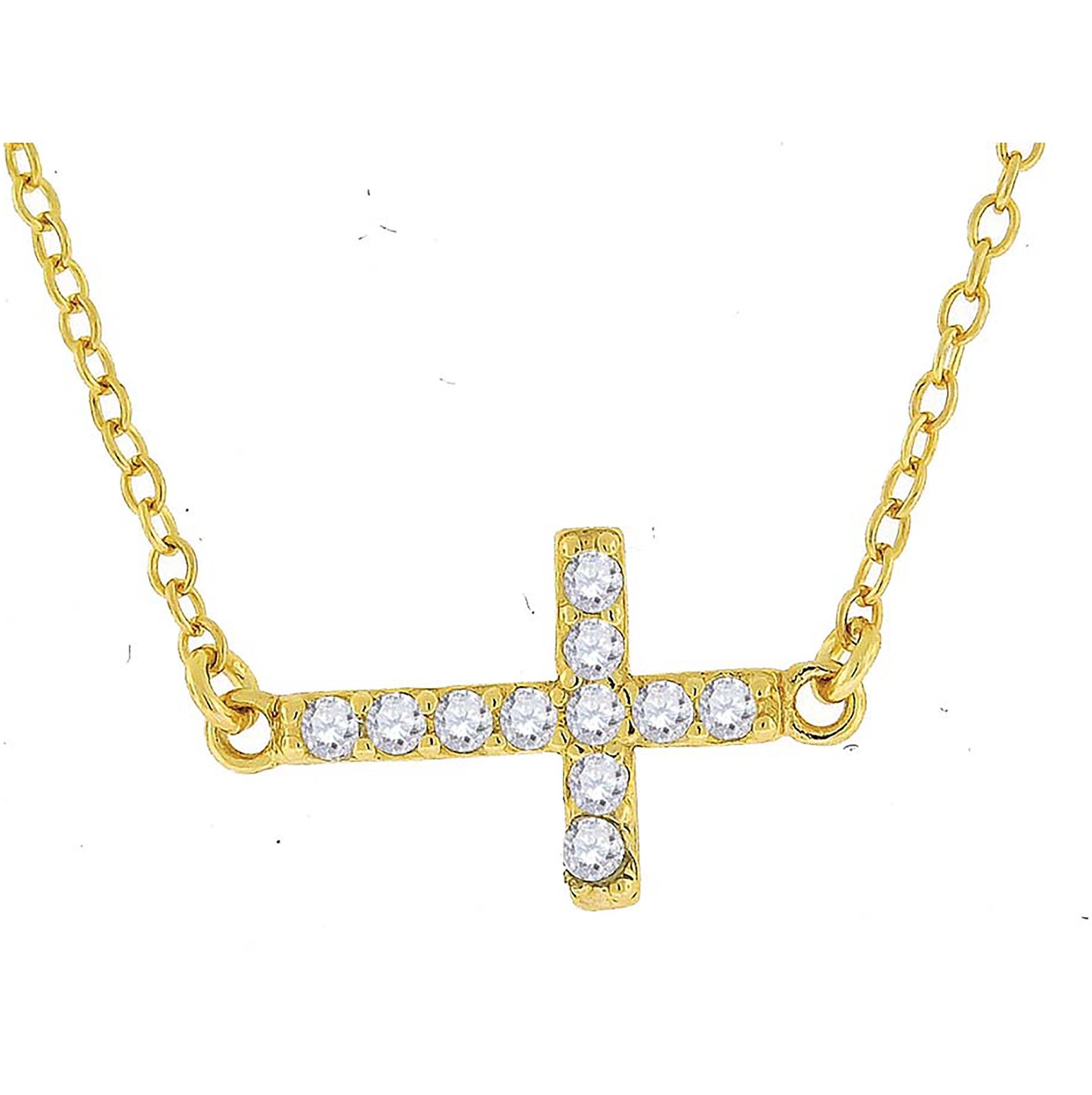 Sterling Silver Yellow-Tone Women Cubic Zirconia Rolo Link Cross Sideway Chain Necklace