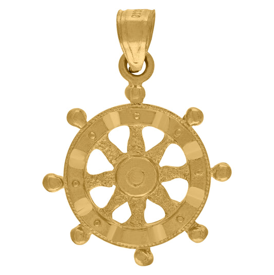 10K Yellow Gold Textured Unisex Ship Wheel Charm Pendant