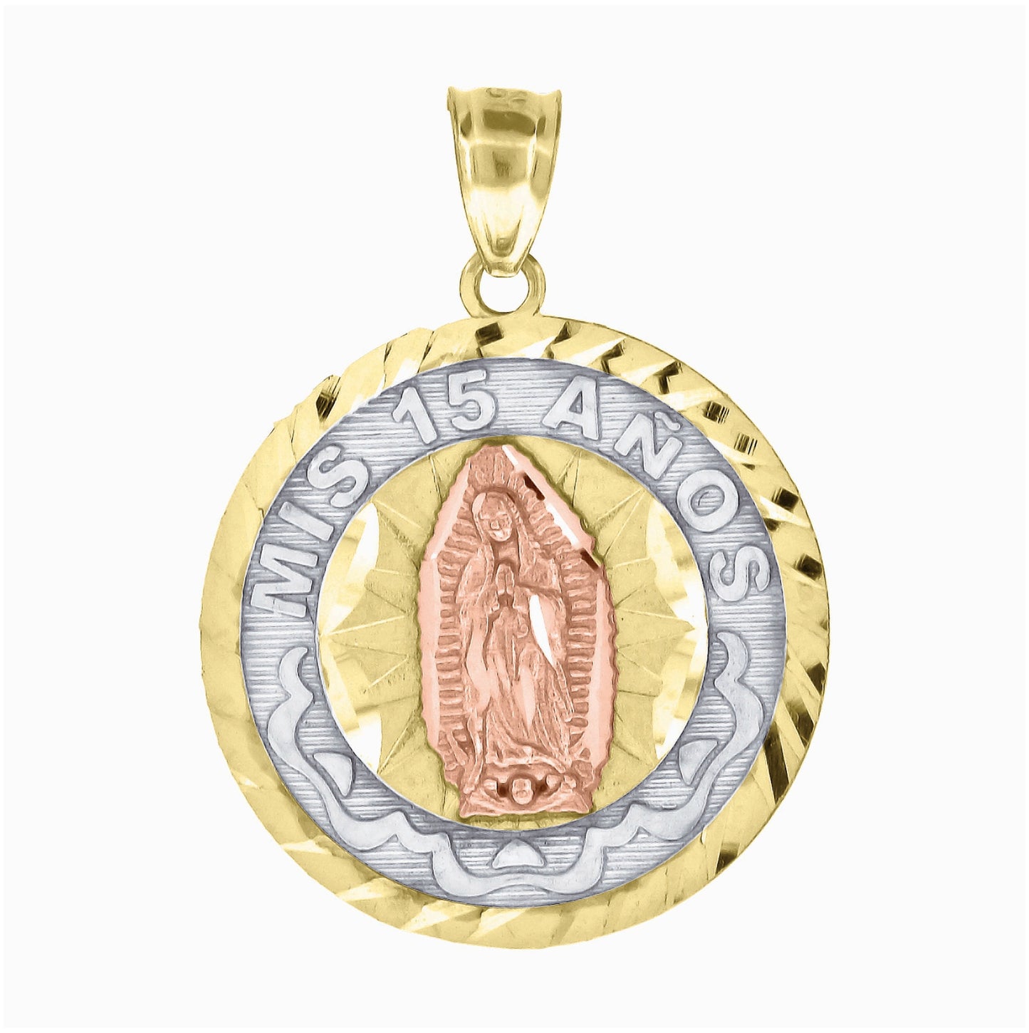 10K Gold Tri-Color Diamond-Cut Unisex Mis 15 Anos Guadalupe Mary Quinceanera Pendant