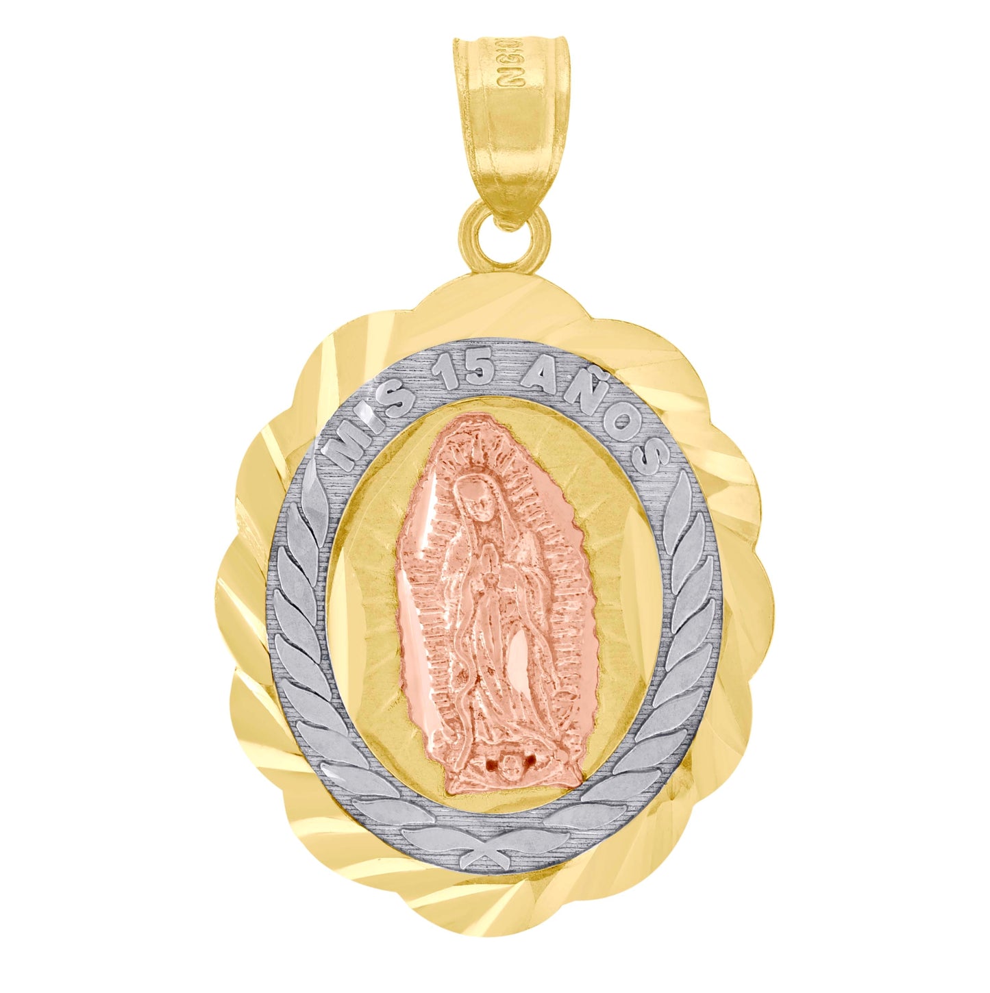 10K Gold Tri-Color Diamond-Cut Unisex Mis 15 Anos Guadalupe Mary Quinceanera Pendant