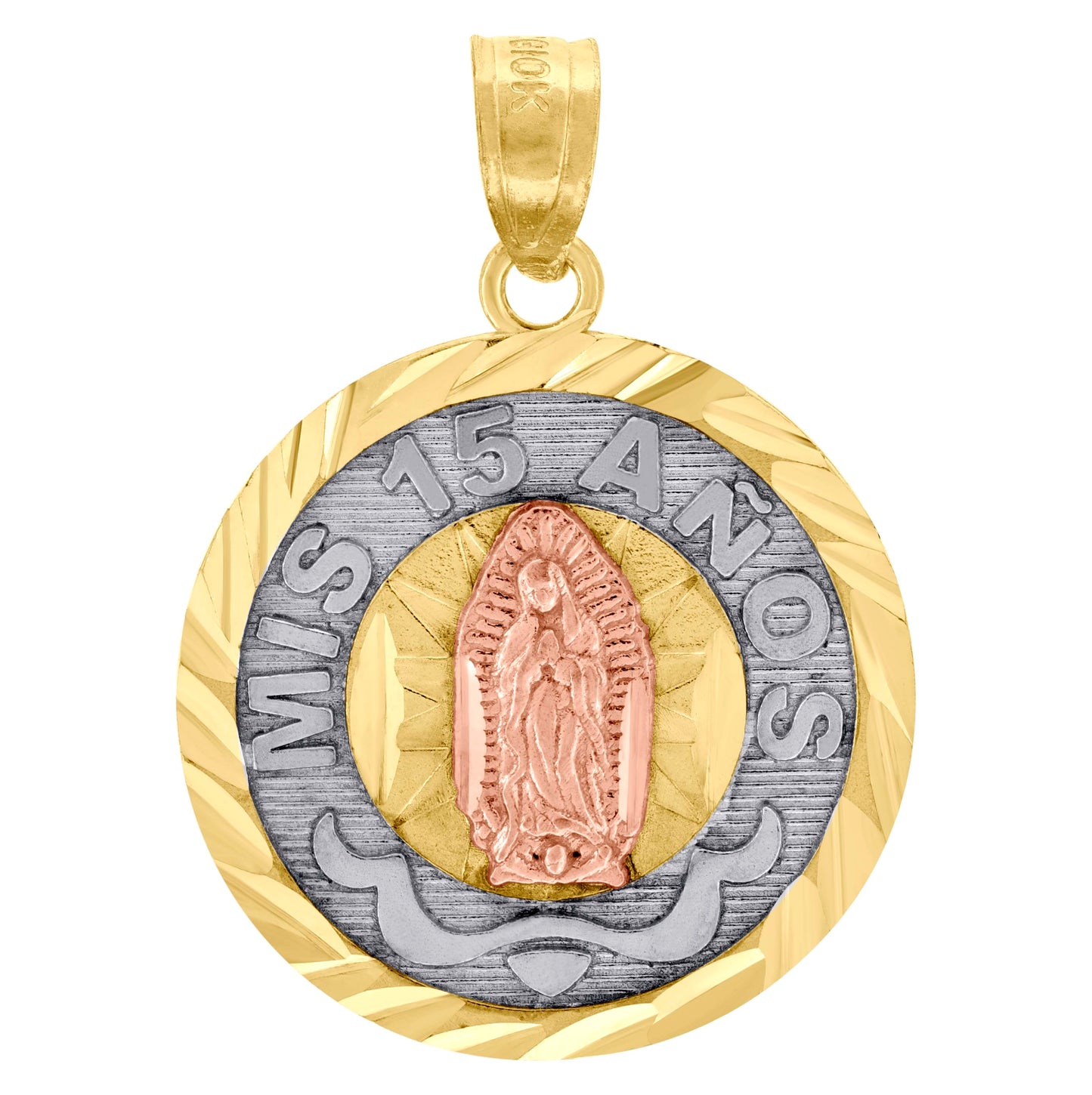 10K Gold Tri-Color Diamond-Cut Unisex Mis 15 Anos Guadalupe Mary Quinceanera Pendant