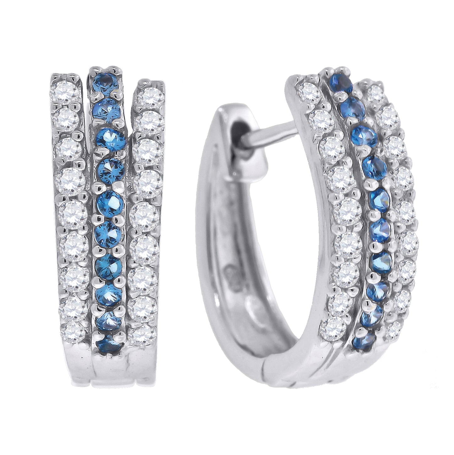 Sterling Silver Womens Blue Cubic Zirconia Triple Row Huggie Hoop Earrings