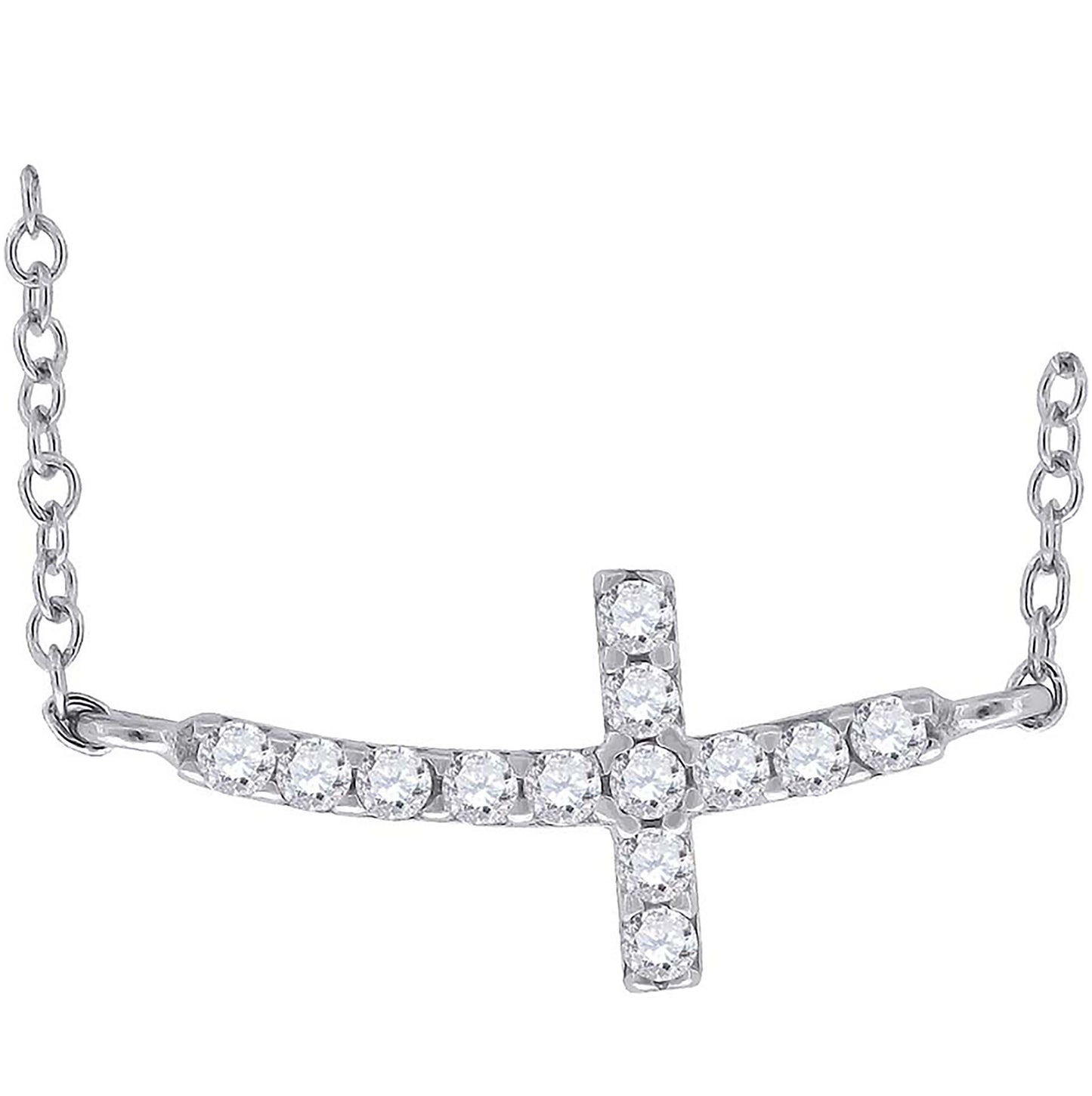 Sterling Silver Women Cubic Zirconia Rolo Link Cross Sideway Chain Necklace