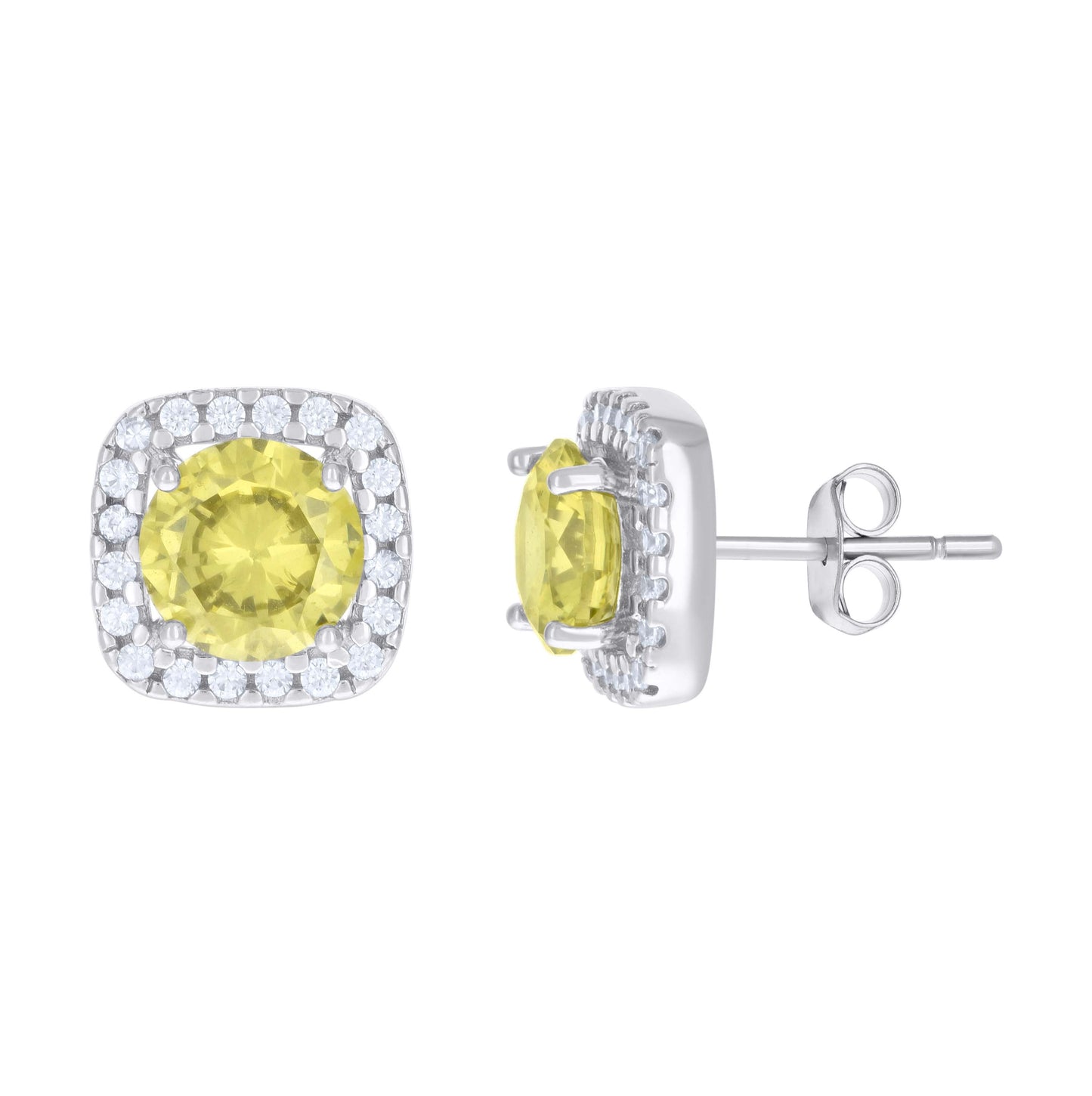 Sterling Silver Womens Yellow Cubic Zirconia Square Stud Earrings