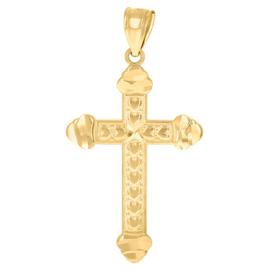 10K Yellow Gold Unisex Textured Hearts Budded Cross Religious Charm Pendant