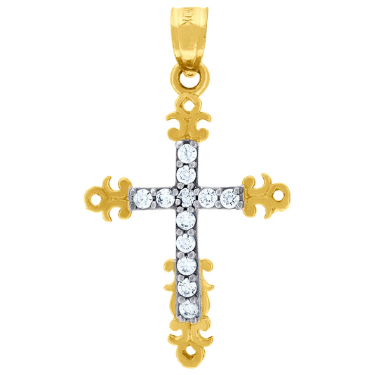 10K Two-Tone Gold Cubic-Zirconia Unisex Cross Religious Charm Pendant