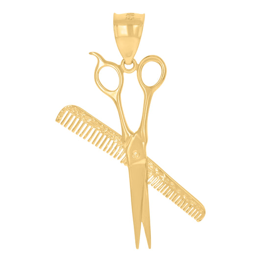10K Yellow Gold Unisex Scissors Comb Tools Charm Pendant