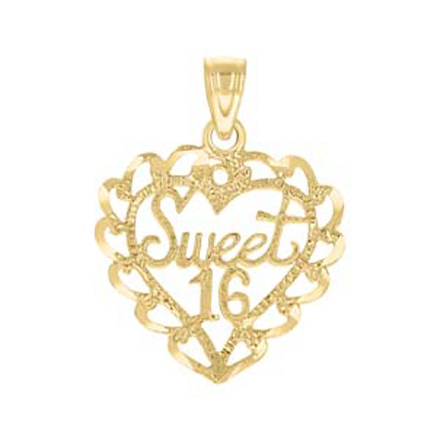 10K Yellow Gold Womens Diamond-Cut Sweet 16 Heart Charm Pendant