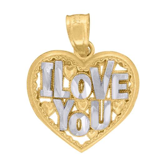 10K Gold Two-Tone Diamond-Cut Womens I Love You Heart Charm Pendant