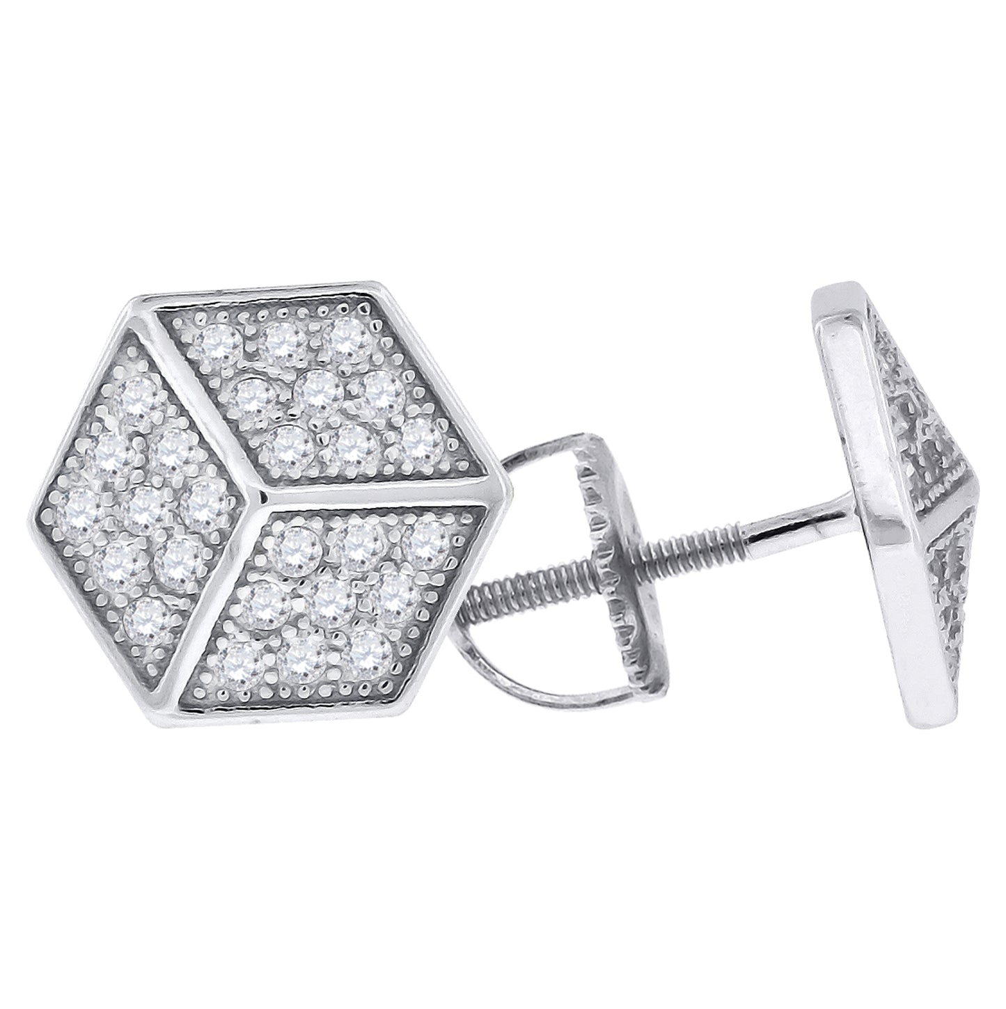 Sterling Silver Unisex Cubic Zirconia 2D Dice Stud Earrings