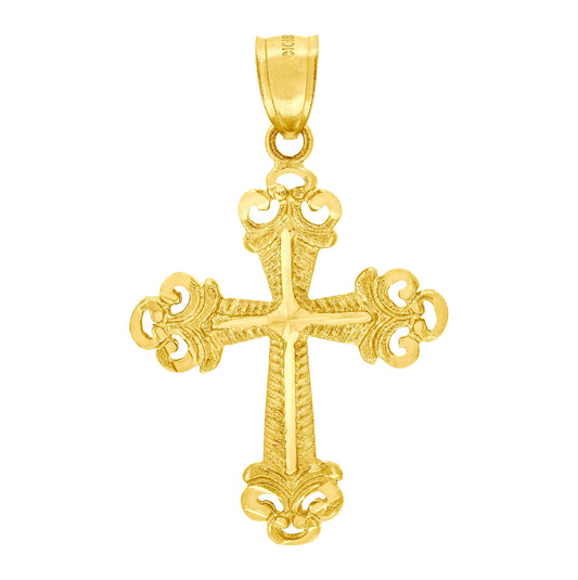 10K Yellow Gold Mens Women Textured Cross Religious Charm Pendant