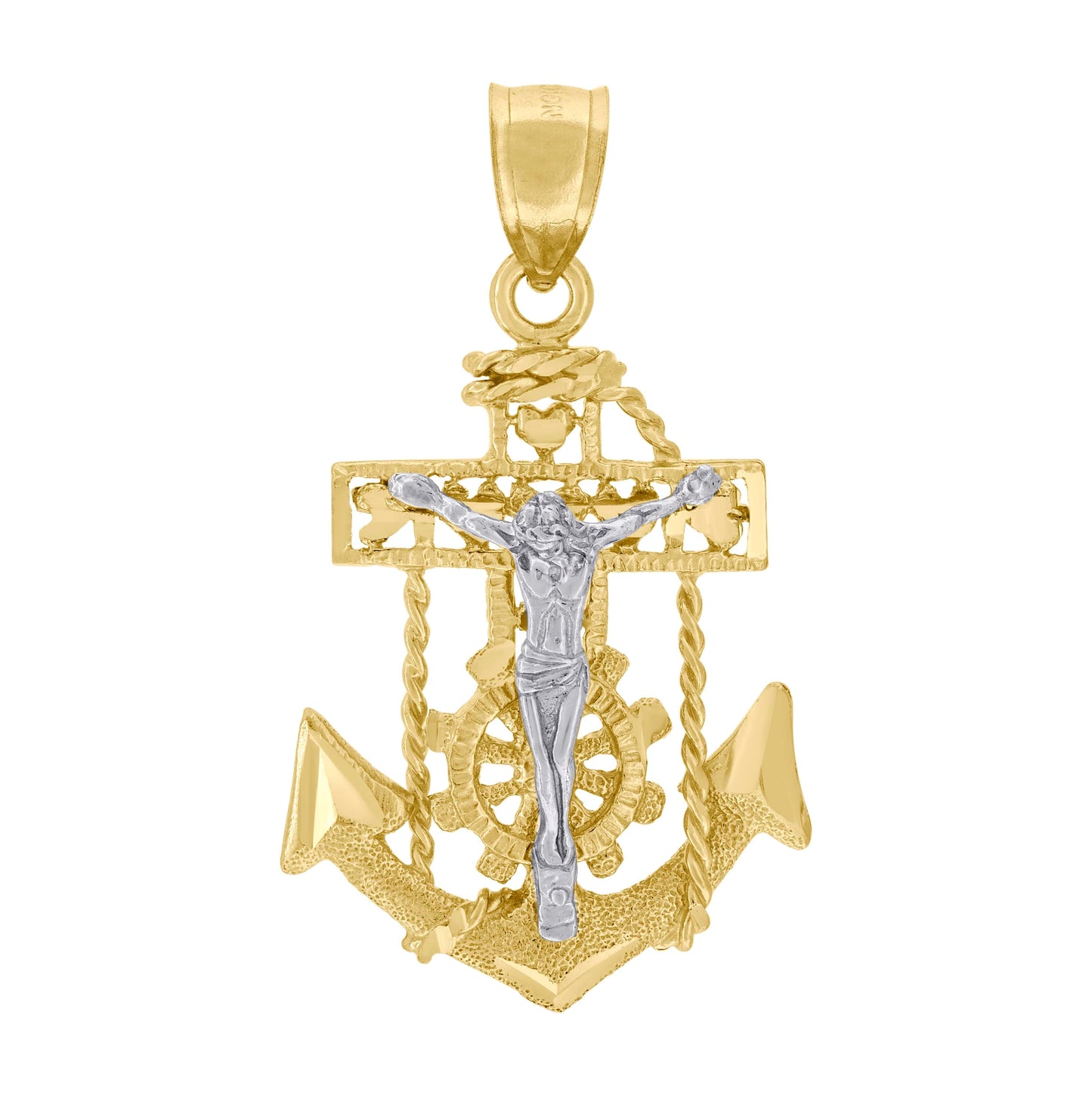 10K Two-Tone Gold Unisex Diamond-Cut Crucifix Anchor Cross Religious Charm Pendant