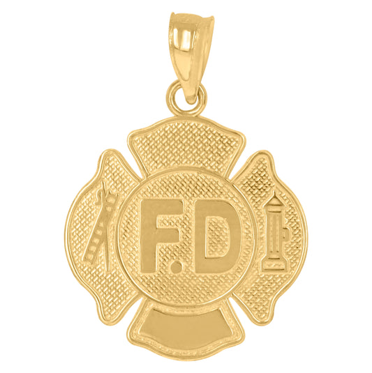 10K Yellow Gold Textured Unisex Fire Department Badge Charm Pendant