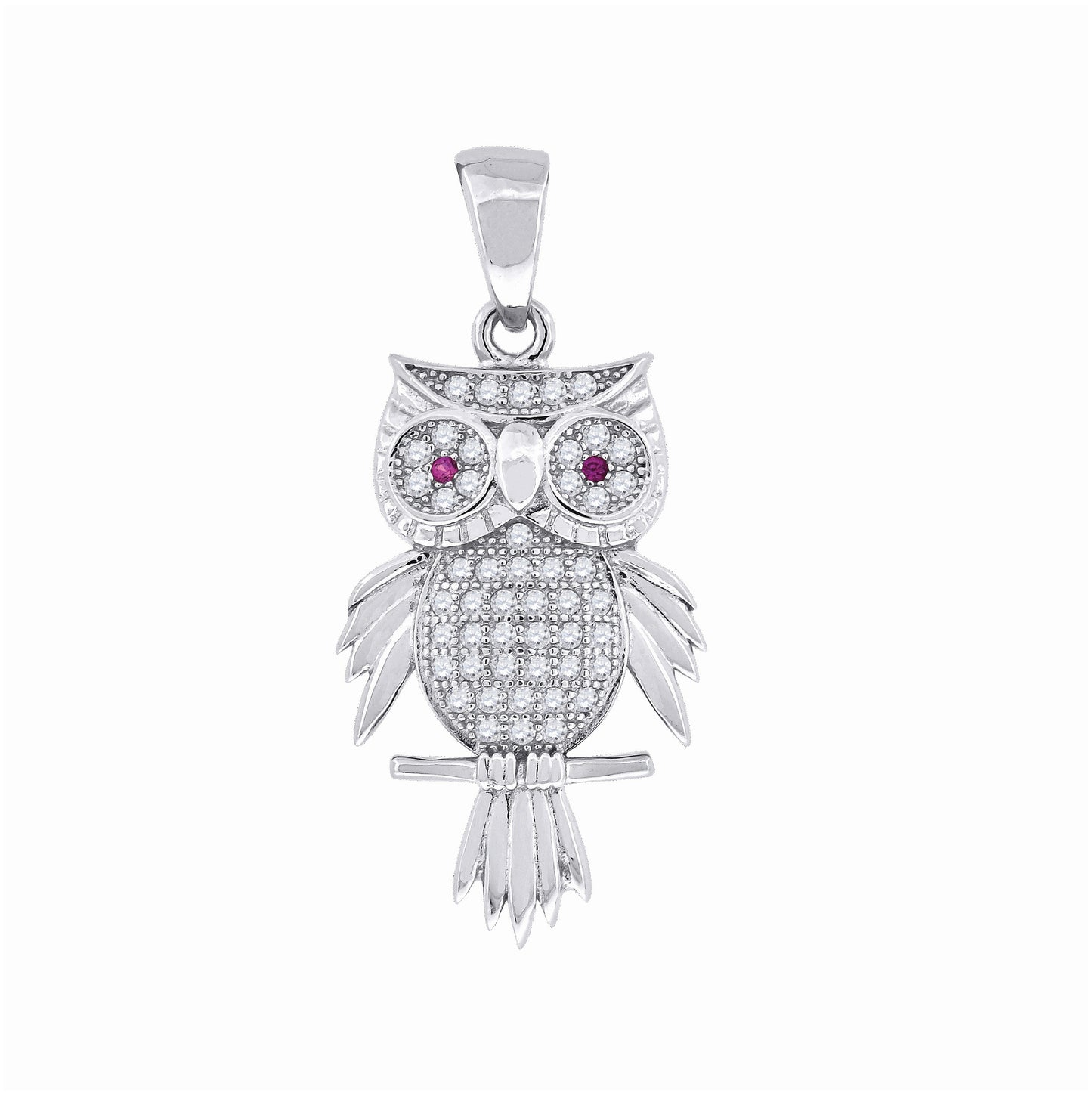 Sterling Silver Womens Pink & White Cubic-Zirconia Owl Bird Charm Pendant