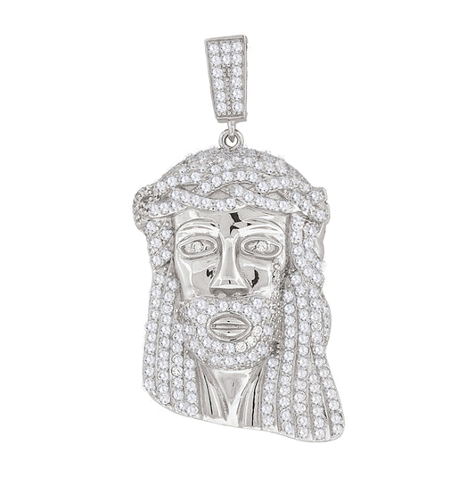 Sterling Silver Mens Cubic-Zirconia Jesus Religious Charm Pendant