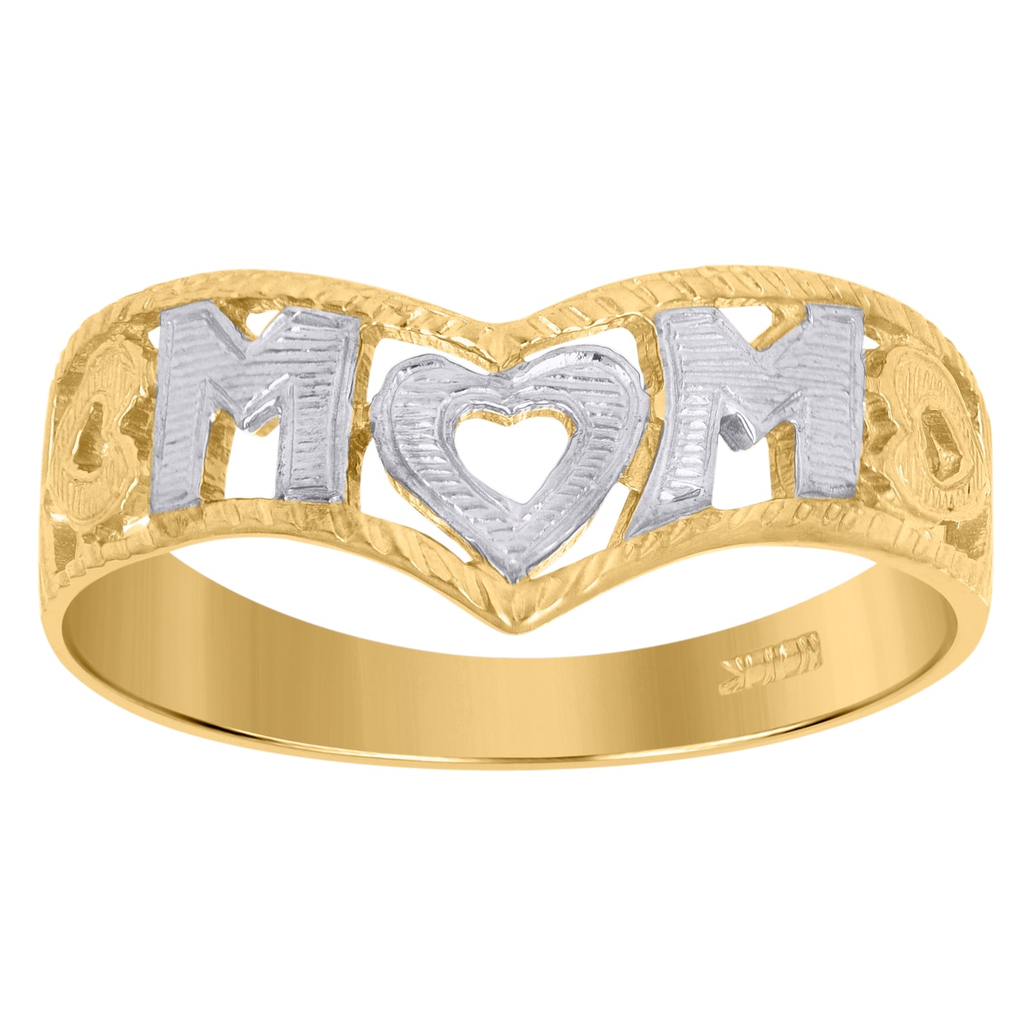 10K Two-Tone Gold Womens Diamond Cut Textured Mom Heart Band Ring