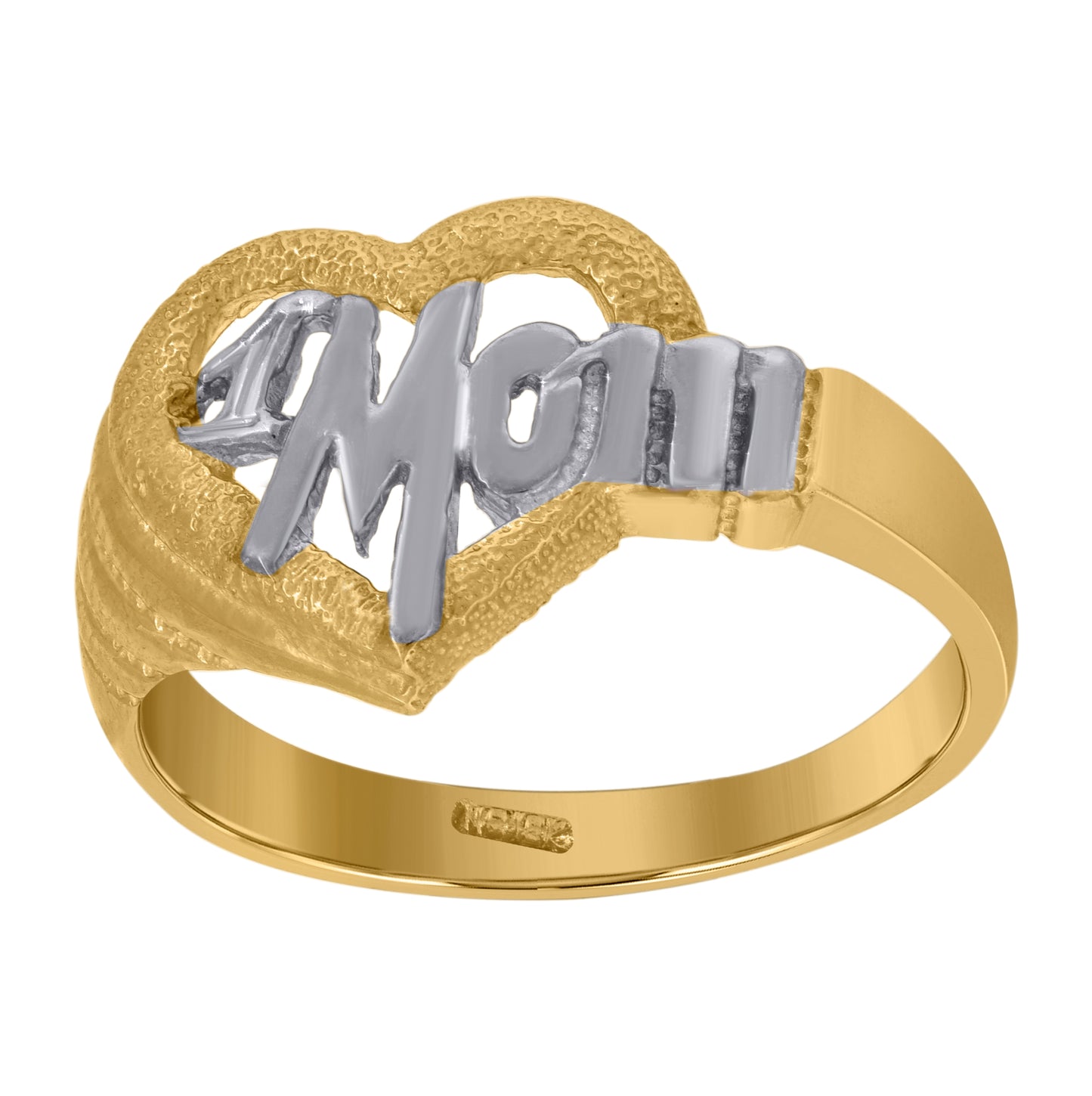 10K Two-Tone Gold Womens Textured 1 Mom Heart Band Ring