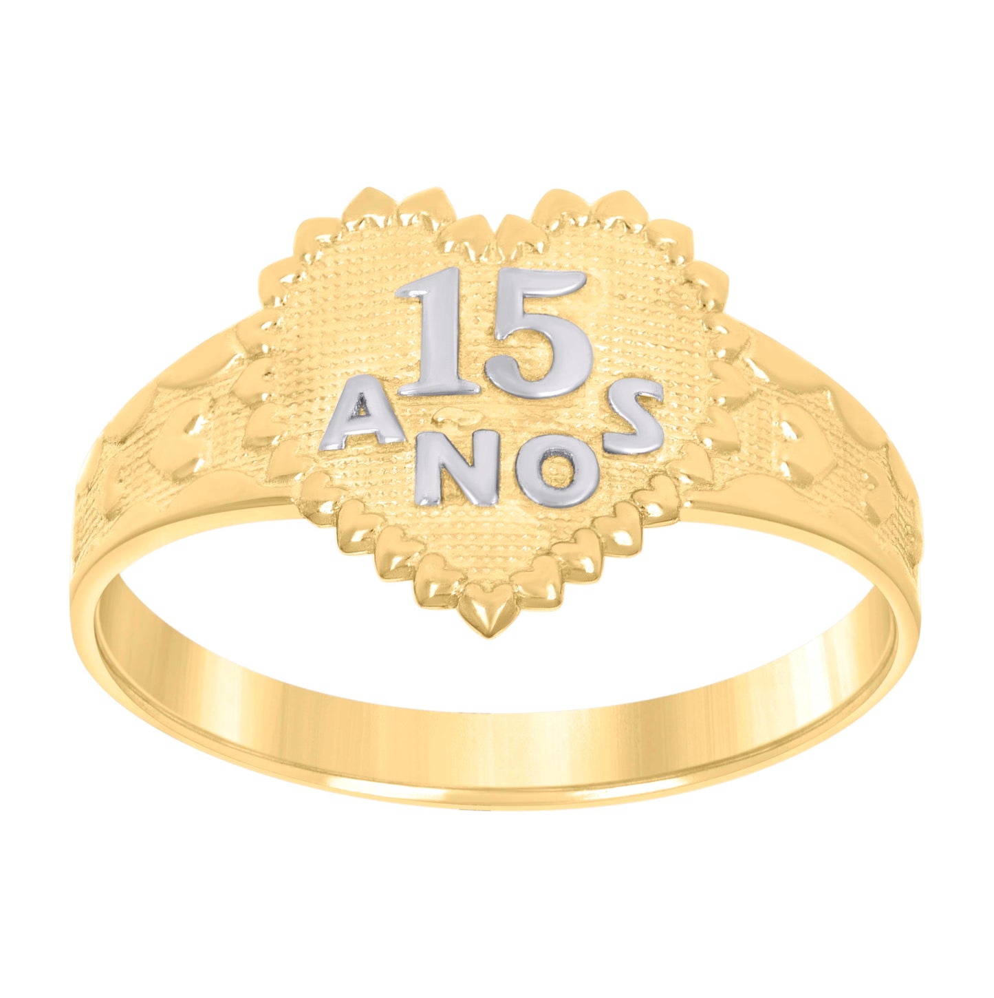 10K Two-Tone Gold Womens Textured 15 Anos Heart Band Ring
