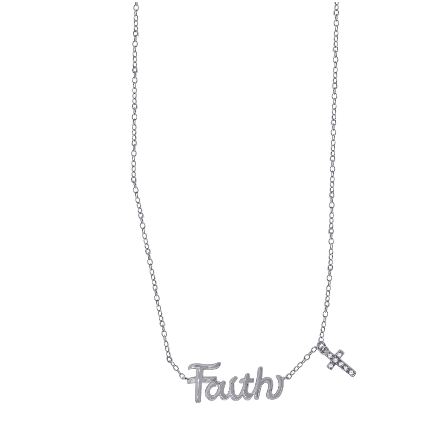 Sterling Silver Women Cubic Zirconia Rolo Link Faith With Cross Charm Necklace