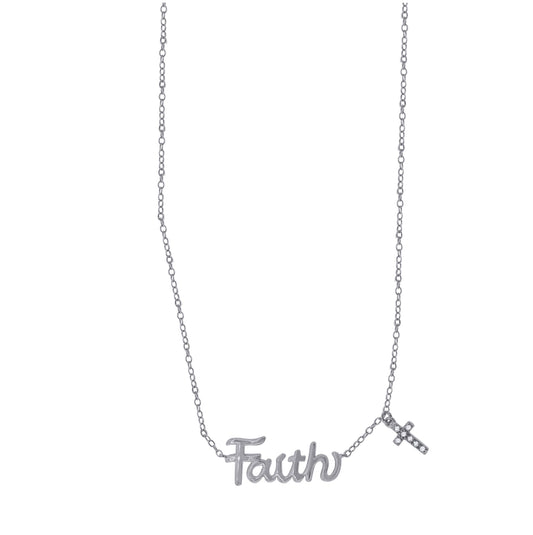 Sterling Silver Women Cubic Zirconia Rolo Link Faith With Cross Charm Necklace