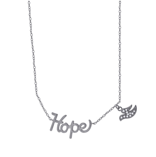 Sterling Silver Rhodium Plated Women Cubic Zirconia Rolo Link Hope With Bird Charm Necklace