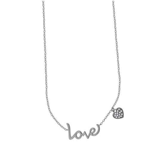 Sterling Silver Rhodium Plated Women Cubic Zirconia Rolo Link Love With Heart Charm Necklace