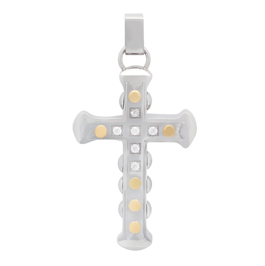 Stainless Steel Mens Two-Tone Cubic Zirconia Cross Religious Charm Pendant