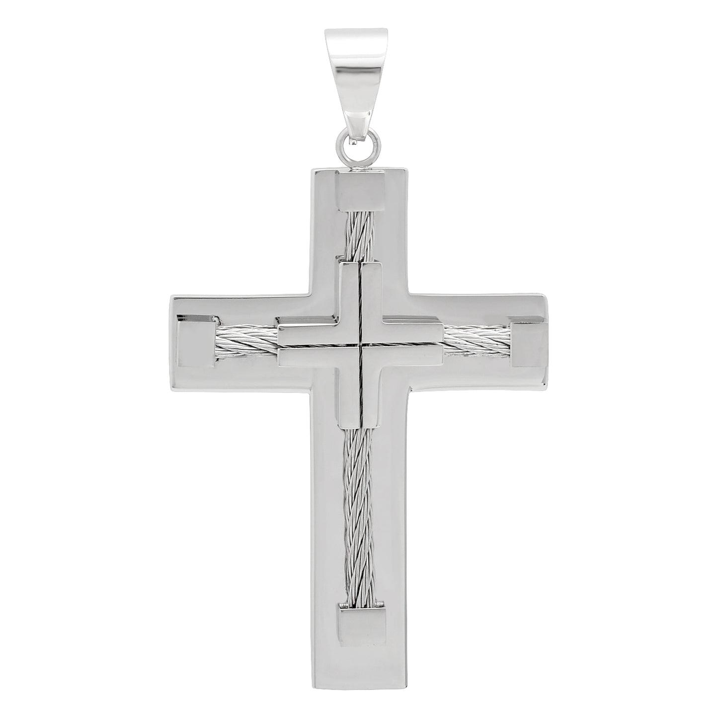 Stainless Steel Mens Cross With Cable Rope Inlay Religious Charm Pendant