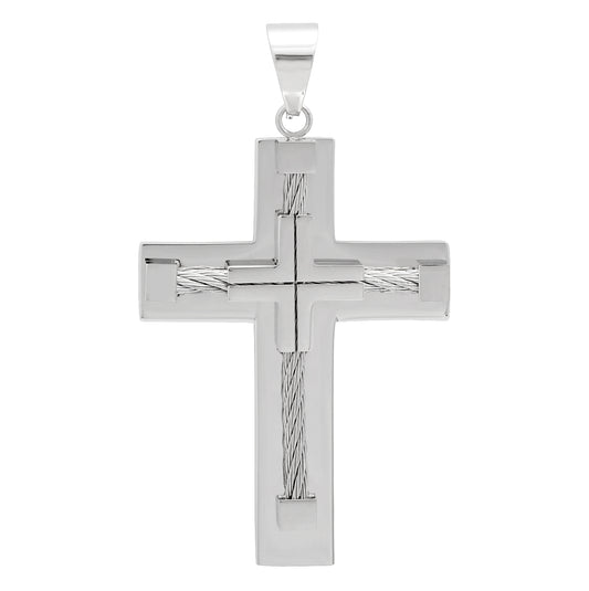 Stainless Steel Mens Cross With Cable Rope Inlay Religious Charm Pendant