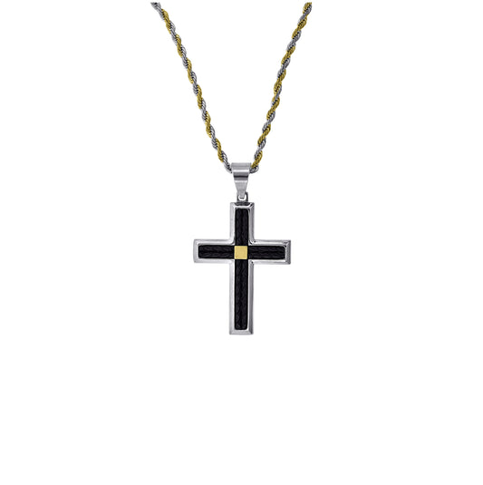 Stainless Steel Mens Two-One Black Leather Inlay Cross Religious Charm Pendant