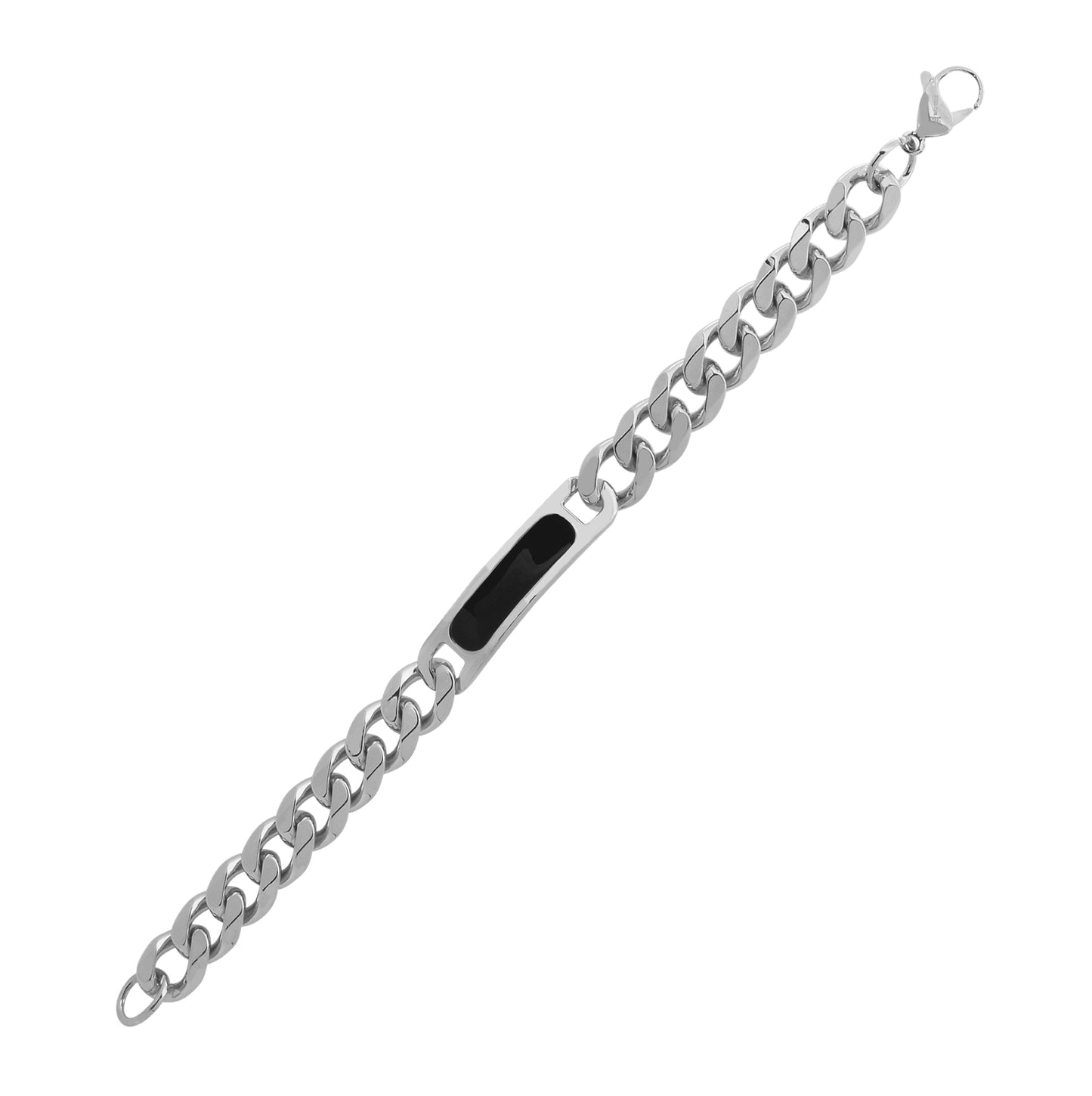 Stainless Steel Mens Black Enamel Center Cuban Id Bracelet