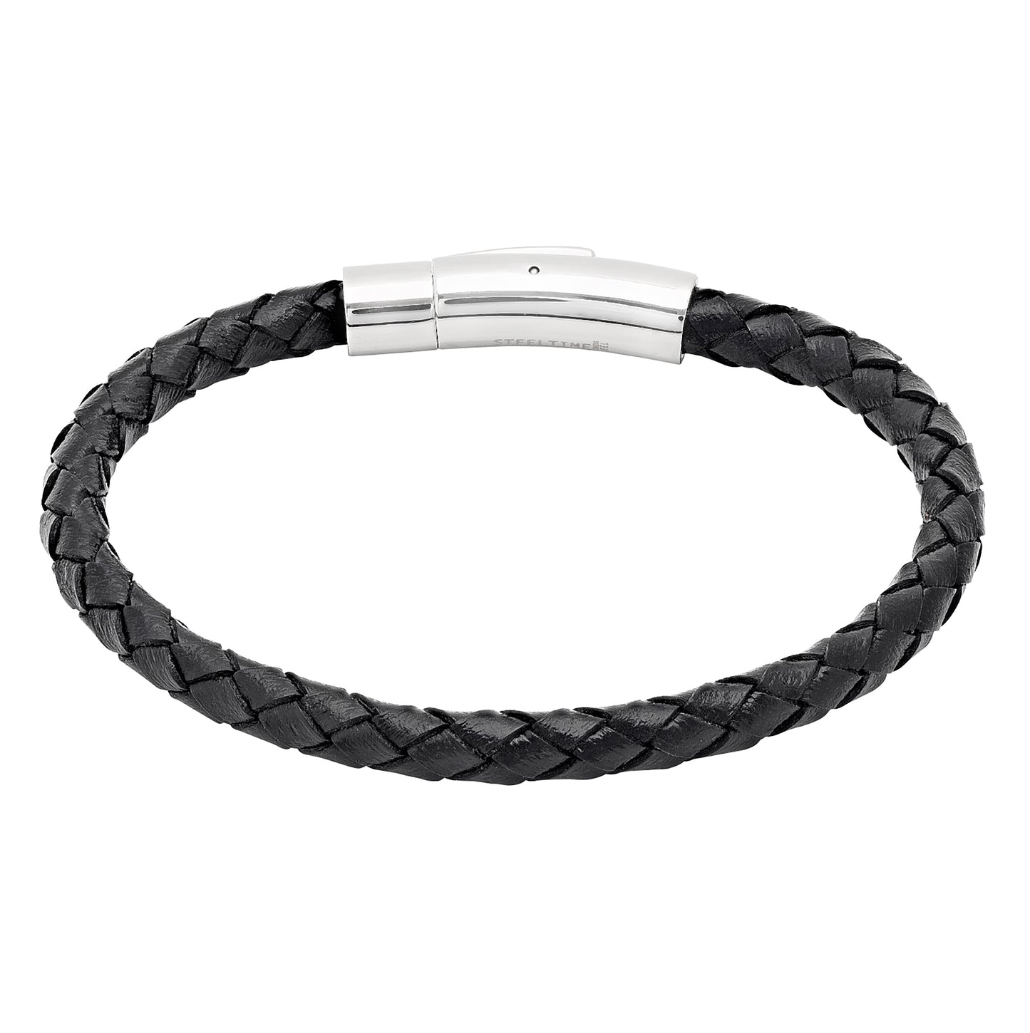 Stainless Steel Mens Unisex Braided Black Leather With Magnetic Clasps Bracelet