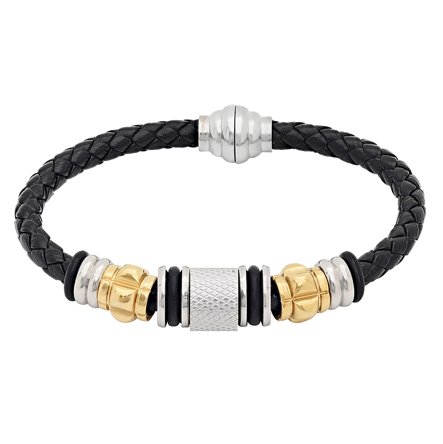 Stainless Steel Yellow-tone Mens Braided Black Leather Fashion Bracelet