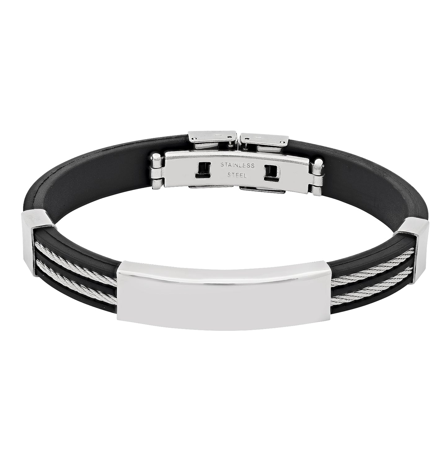 Stainless Steel Mens Black Rubber Double Cable Rope Inlay Bracelet