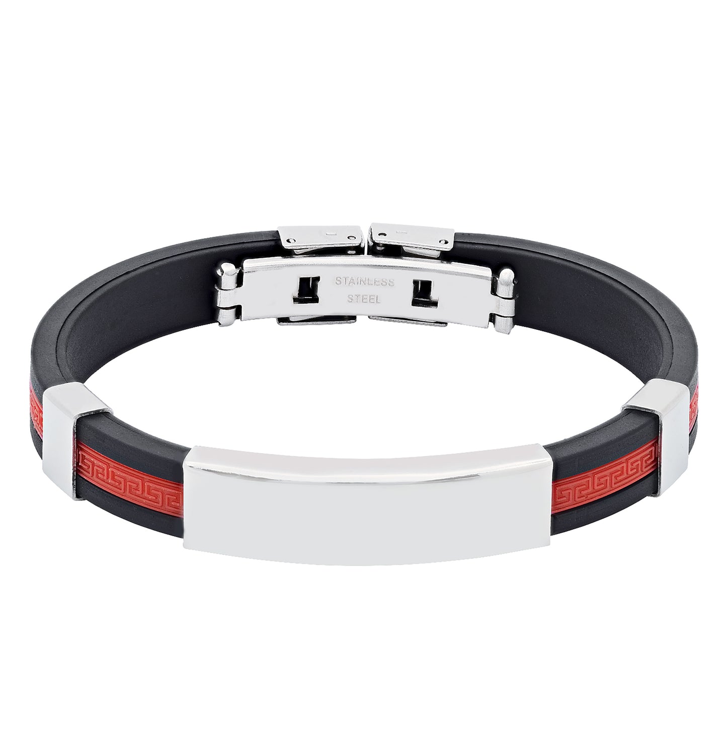 Stainless Steel Mens Black Rubber Cuff Red Center Stripe Bangle Bracelet