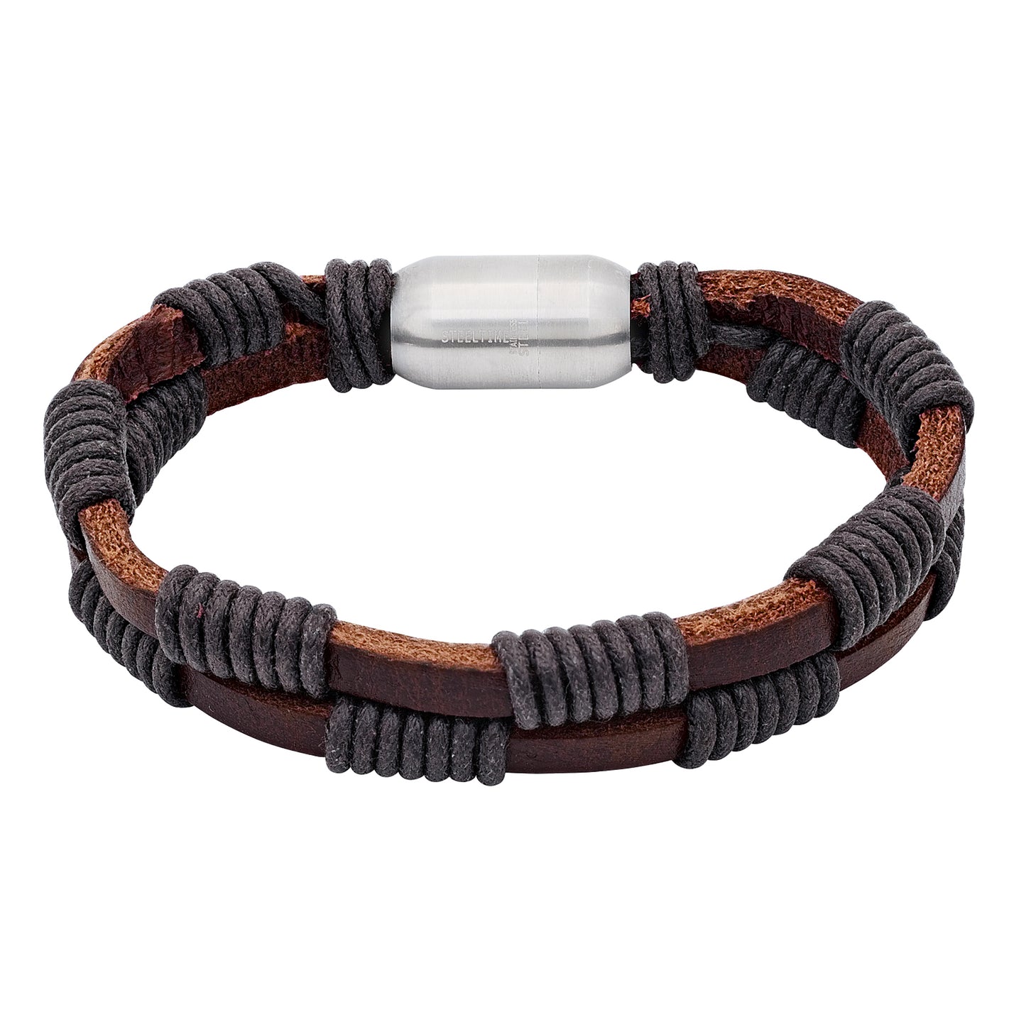 Stainless Steel Mens Brown Leather With Magnetic Clasps Bracelet