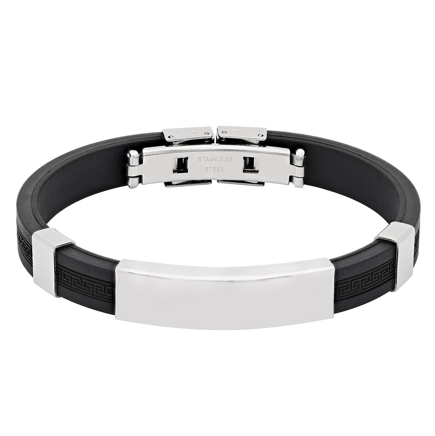 Stainless Steel Mens Black Rubber Customized Engraving Cuff Bangle Bracelet