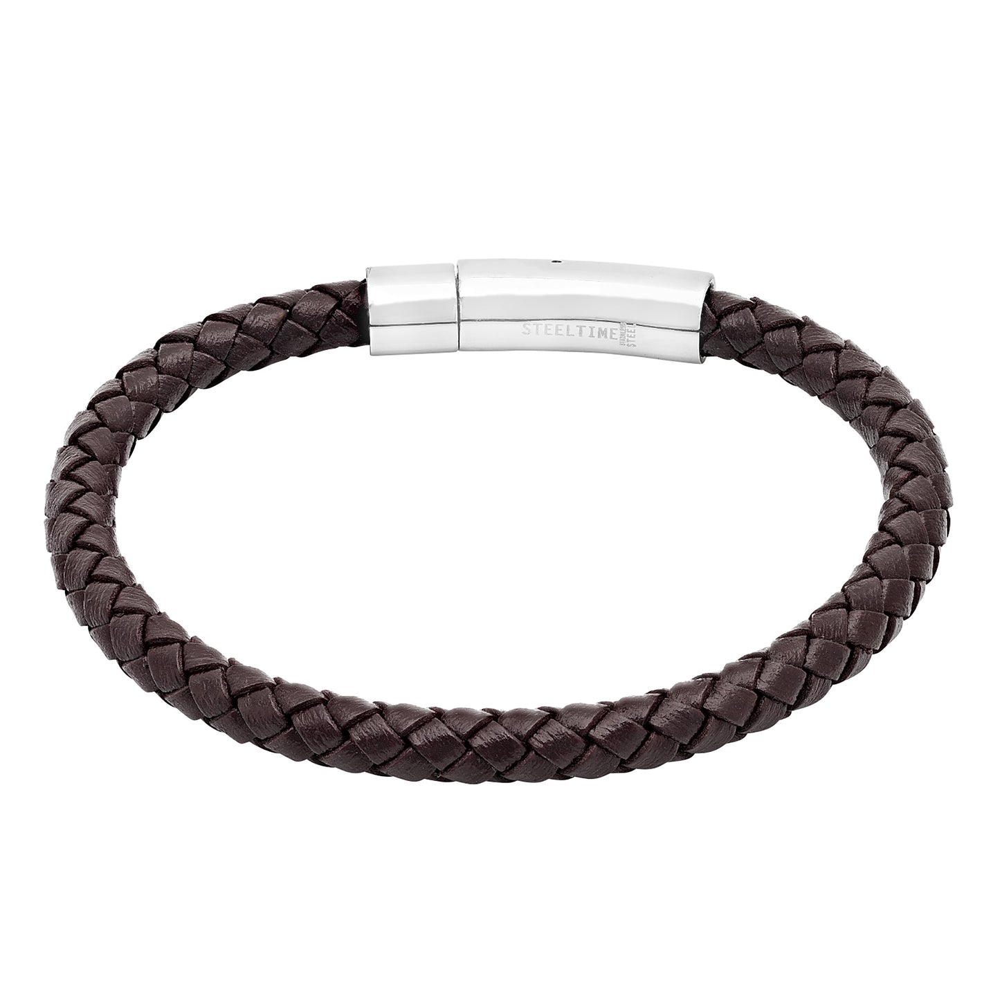 Stainless Steel Mens Unisex Braided Brown Leather With Magnetic Clasps Bracelet