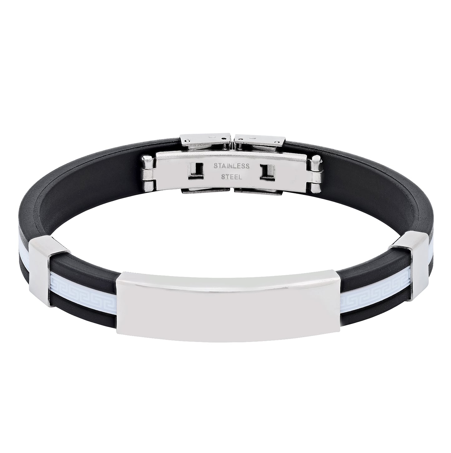 Stainless Steel Mens Black Rubber Cuff White Center Stripe Bangle Bracelet