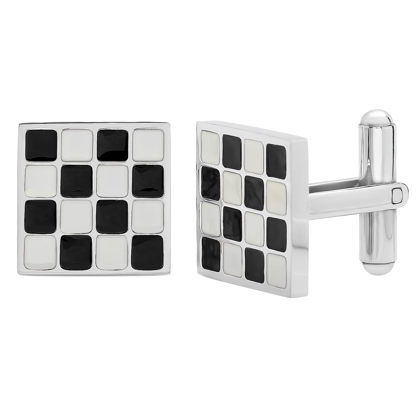 Stainless Steel Mens Square Checkered Black Enamel Cufflinks