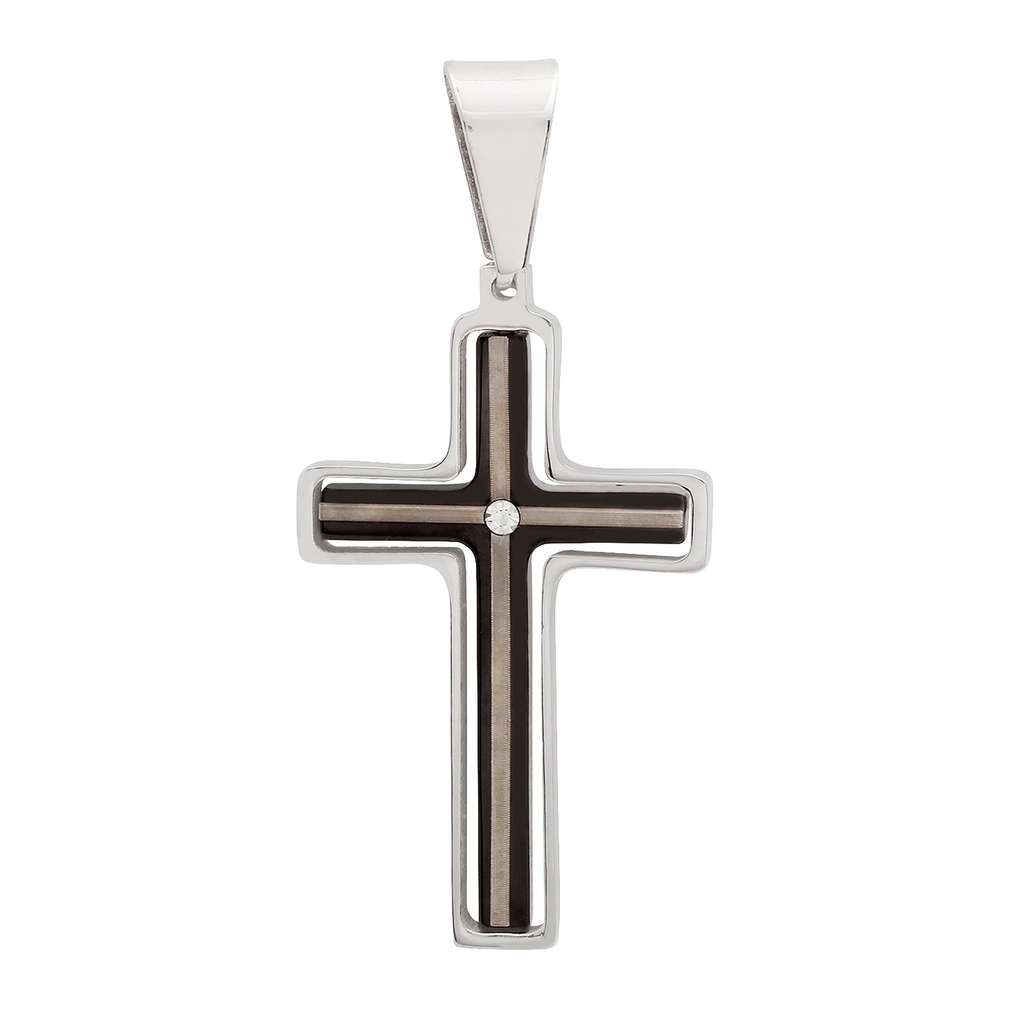 Stainless Steel Stainless Steel Mens Cubic Zirconia Three-Tone Cross Religious Charm Pendant