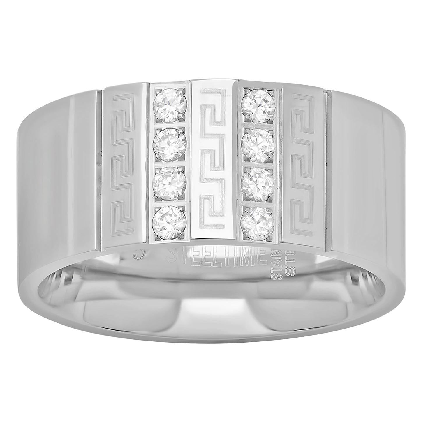 Stainless Steel Mens Cubic Zirconia Double Lines Greek Key Comfort-fit Fashion Bridal Anniversary Wedding Engagement Band Ring