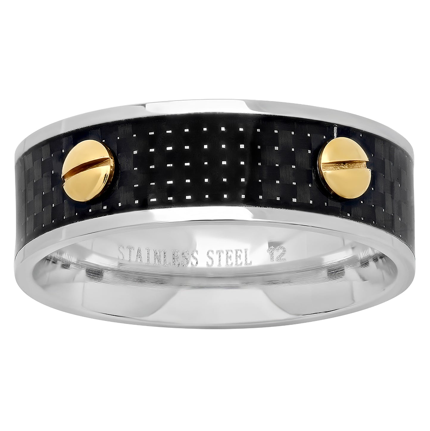 Stainless Steel Mens Yellow Screw Black Carbon Fiber Inlay Sizes 9 - 12 Comfort-fit Fashion Bridal Anniversary Wedding Engagement Band Ring