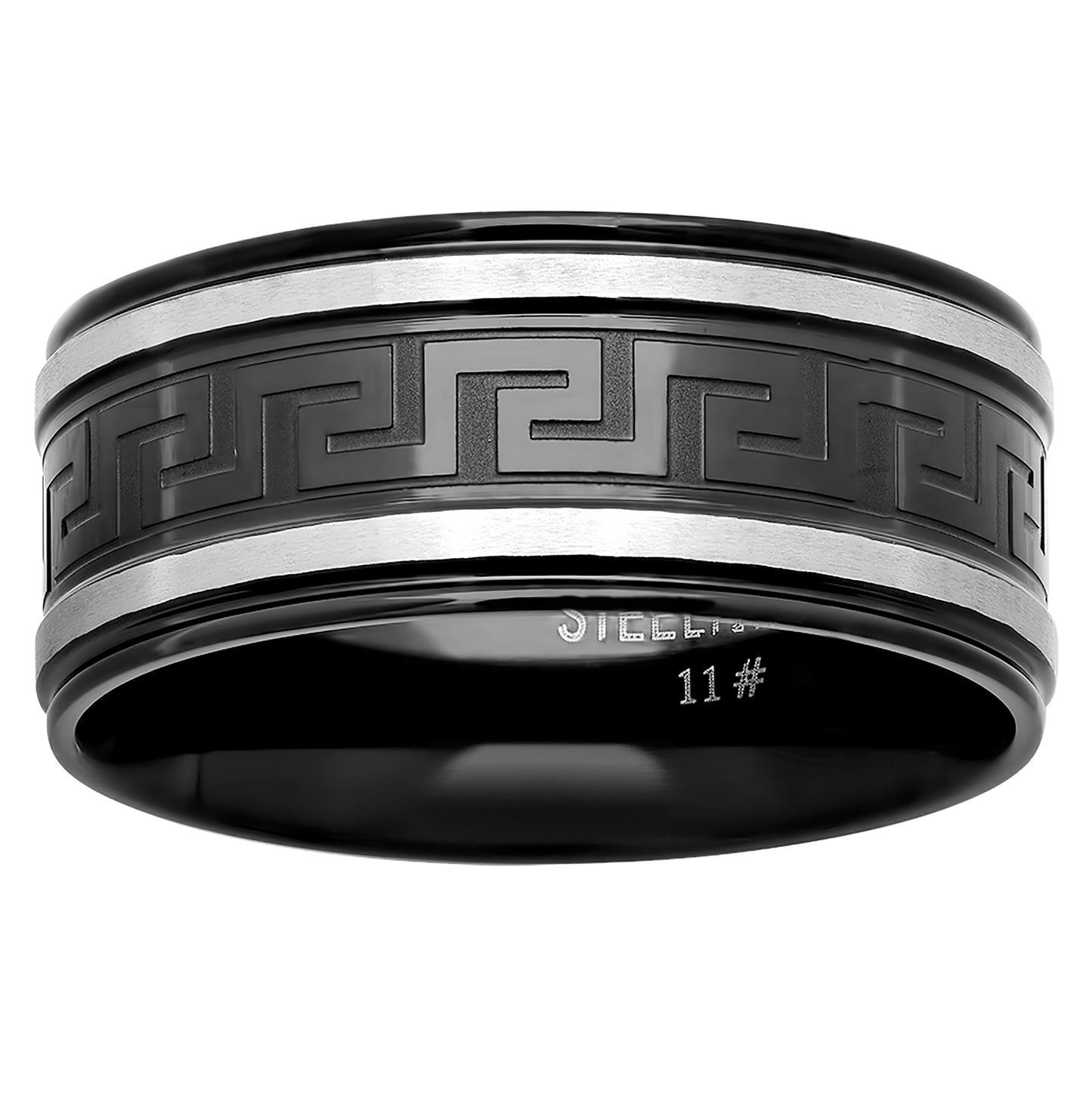 Stainless Steel Mens Two-tone Greek Key Pattern Center Black Comfort-fit Fashion Bridal Anniversary Wedding Engagement Band Ring