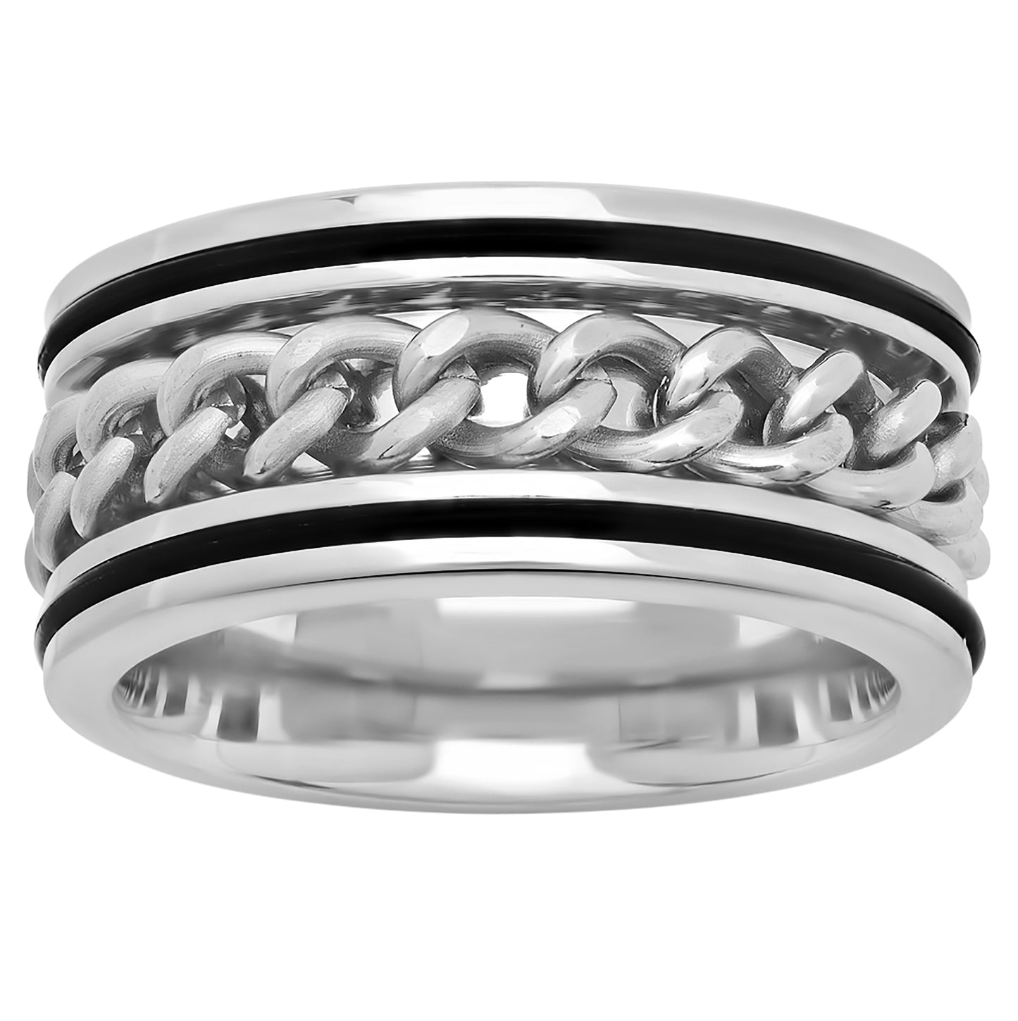 Stainless Steel Mens Two-tone Center Cuban Chain Inlay Double Black Lines Comfort-fit Band